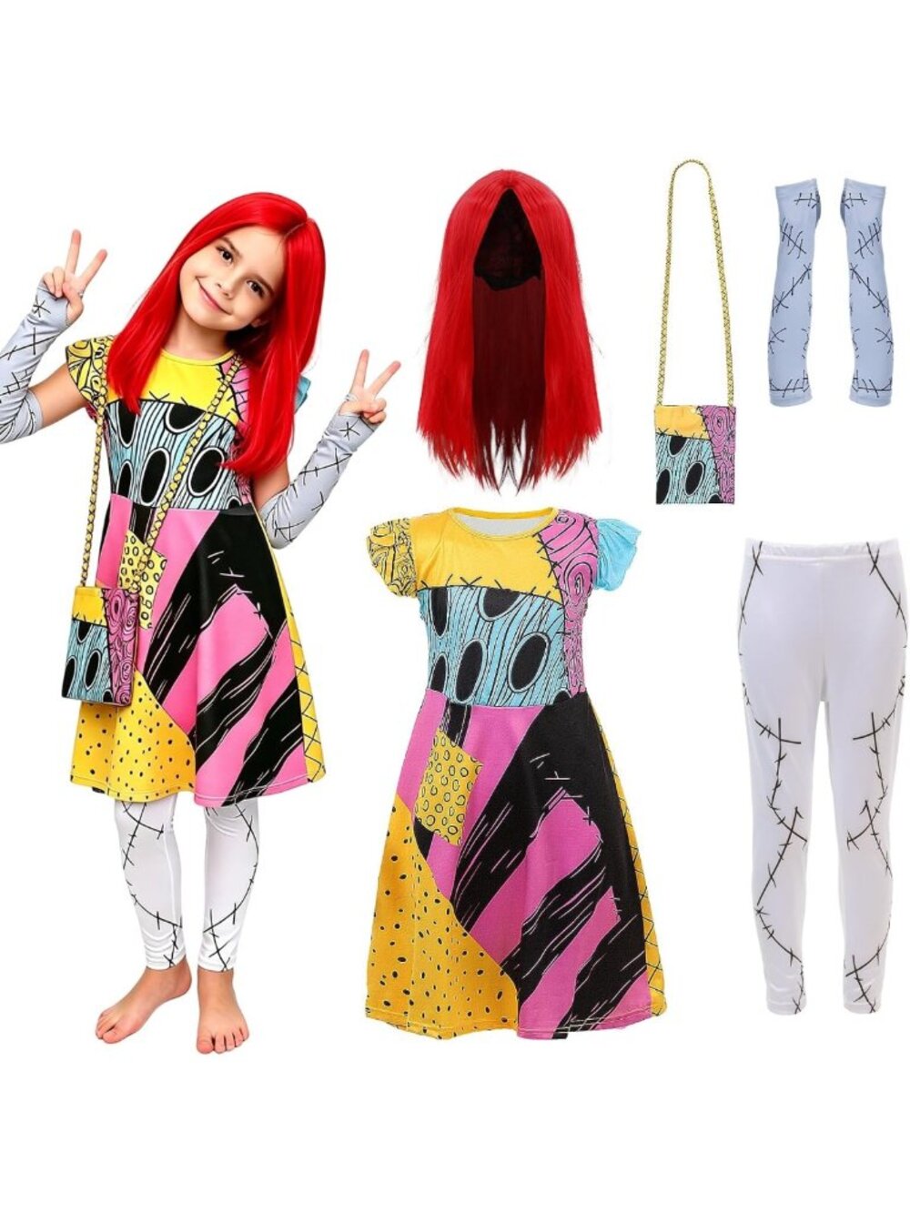 5PCS Kids Sally Costume Set - Girls Christmas Dress, Wig & Accessories for